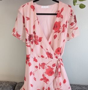 Pink Red floral wrap dress